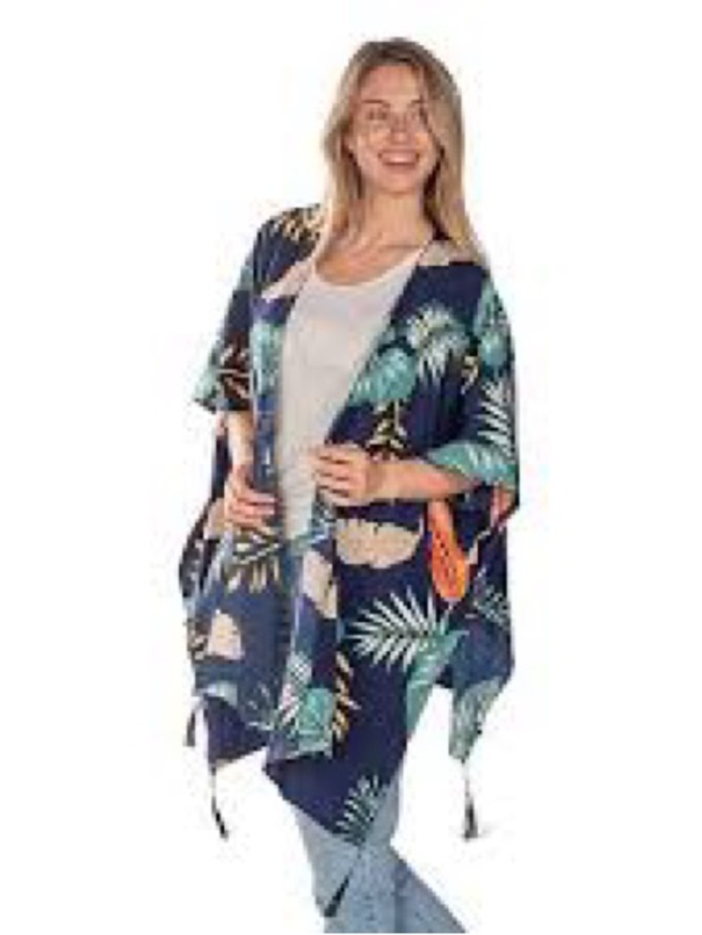 Navy Tropical Print Kimono Cover-Up